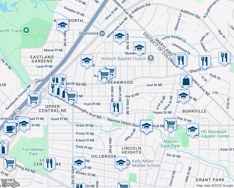 map of restaurants, bars, coffee shops, grocery stores, and more near 4810 Jay Street Northeast in Washington