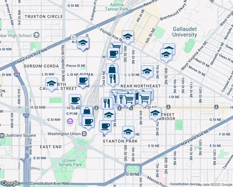 map of restaurants, bars, coffee shops, grocery stores, and more near 101 Independence Avenue Southeast in Washington