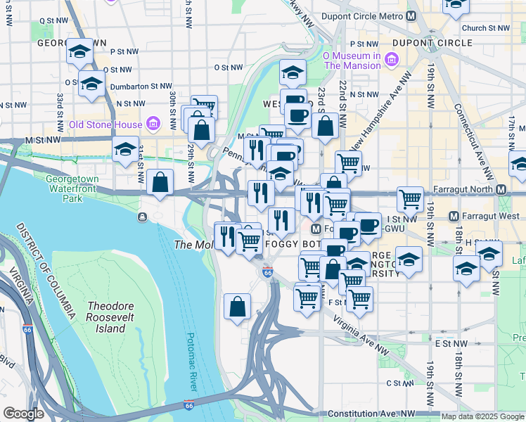 map of restaurants, bars, coffee shops, grocery stores, and more near 940 25th Street Northwest in Washington