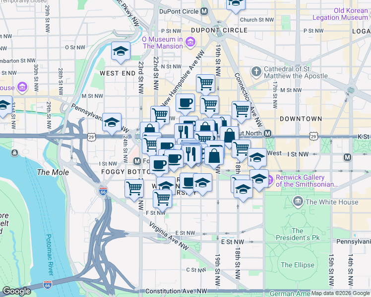 map of restaurants, bars, coffee shops, grocery stores, and more near 2099 Pennsylvania Avenue Northwest in Washington