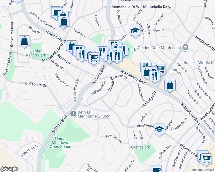map of restaurants, bars, coffee shops, grocery stores, and more near 4729 Ranch Drive in Colorado Springs
