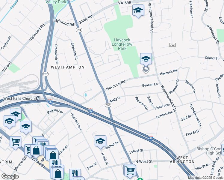 map of restaurants, bars, coffee shops, grocery stores, and more near 6723 Haycock Road in Falls Church