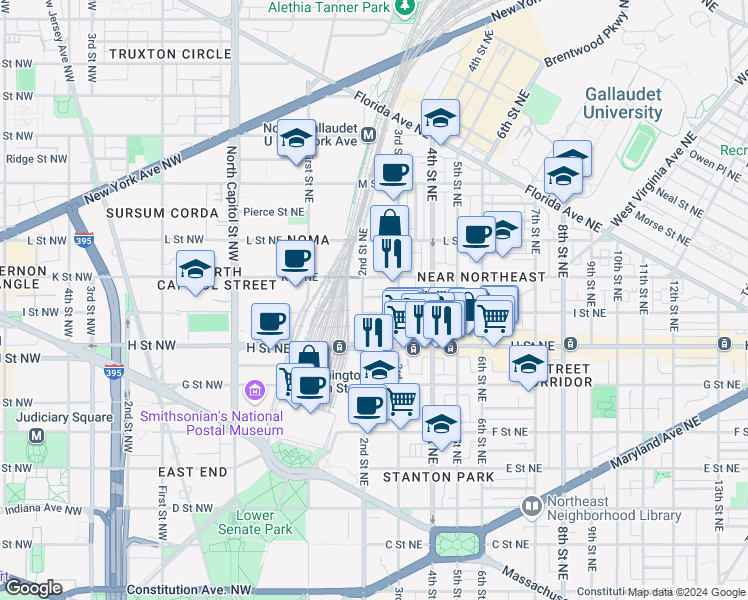 map of restaurants, bars, coffee shops, grocery stores, and more near 911 2nd Street Northeast in Washington