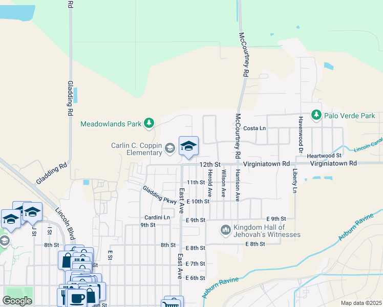 map of restaurants, bars, coffee shops, grocery stores, and more near 105 Chestnut Court in Lincoln