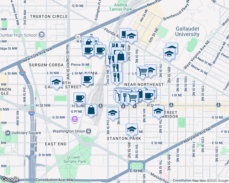 map of restaurants, bars, coffee shops, grocery stores, and more near 225 Parker Street Northeast in Washington