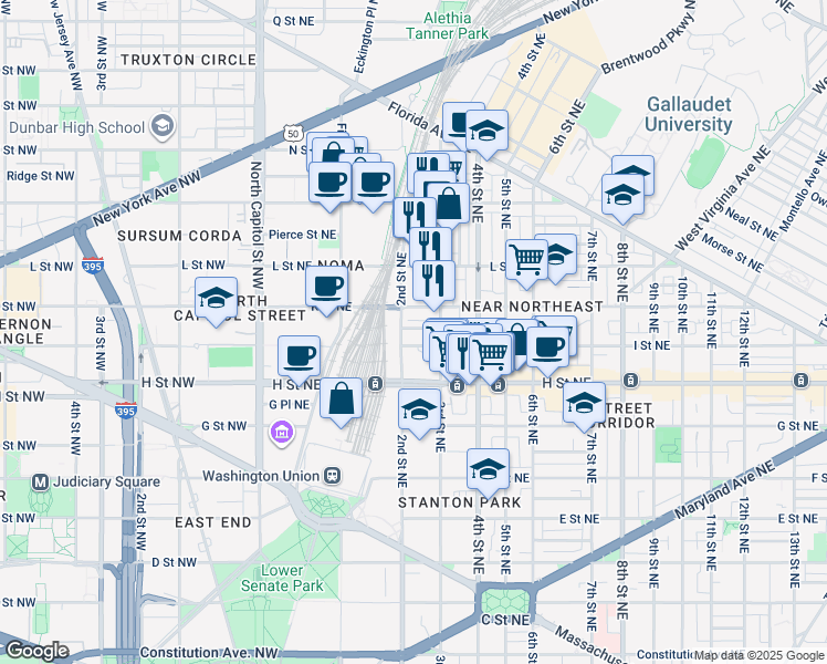 map of restaurants, bars, coffee shops, grocery stores, and more near 911 2nd Street Northeast in Washington