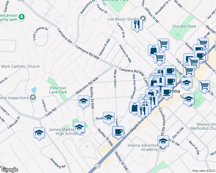 map of restaurants, bars, coffee shops, grocery stores, and more near 441 West Court Northwest in Vienna
