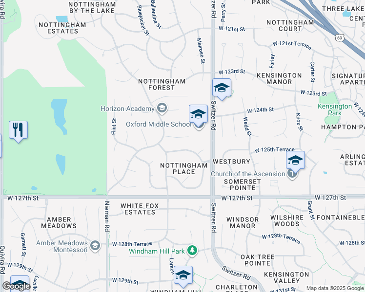 map of restaurants, bars, coffee shops, grocery stores, and more near 11008 West 125th Street in Overland Park