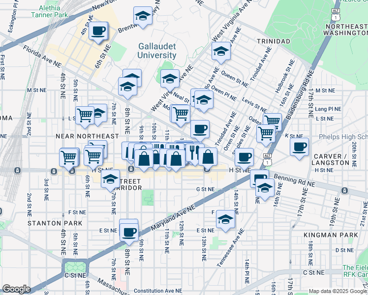 map of restaurants, bars, coffee shops, grocery stores, and more near 919 12th Street Northeast in Washington