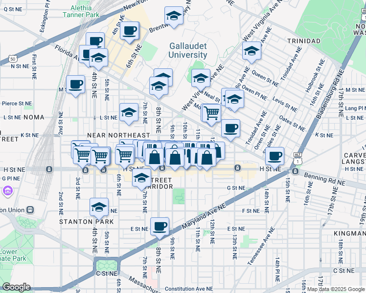 map of restaurants, bars, coffee shops, grocery stores, and more near 914 10th Street Northeast in Washington