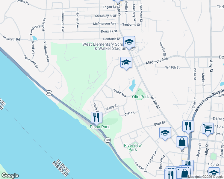 map of restaurants, bars, coffee shops, grocery stores, and more near 1200 Grand Avenue in Alton