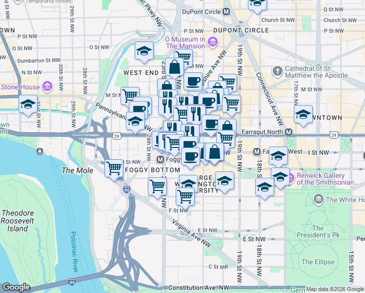 map of restaurants, bars, coffee shops, grocery stores, and more near 2150 Pennsylvania Avenue Northwest in Washington