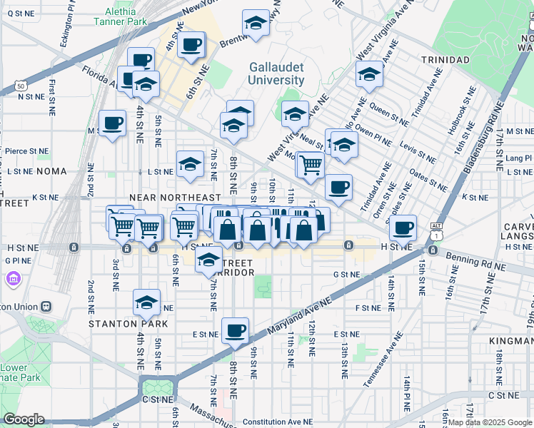map of restaurants, bars, coffee shops, grocery stores, and more near 914 10th Street Northeast in Washington