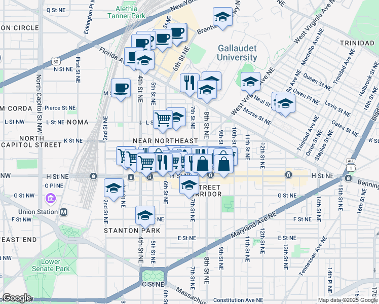 map of restaurants, bars, coffee shops, grocery stores, and more near 912 7th Street Northeast in Washington