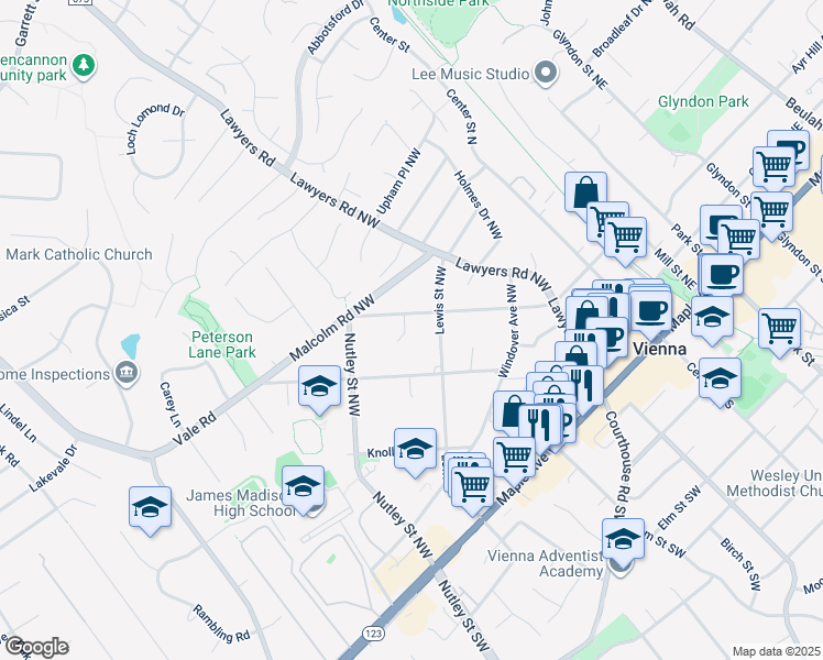 map of restaurants, bars, coffee shops, grocery stores, and more near 441 West Court Northwest in Vienna