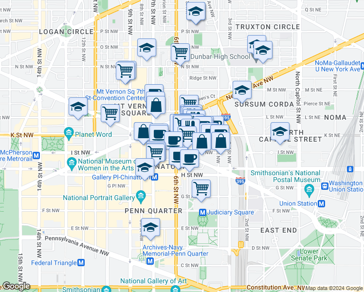 map of restaurants, bars, coffee shops, grocery stores, and more near 101 Independence Avenue Southeast in Washington