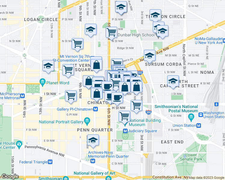 map of restaurants, bars, coffee shops, grocery stores, and more near 555 Massachusetts Avenue Northwest in Washington