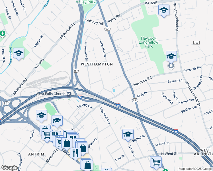 map of restaurants, bars, coffee shops, grocery stores, and more near 2207 Grayson Place in Falls Church