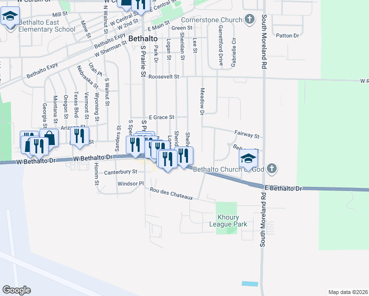 map of restaurants, bars, coffee shops, grocery stores, and more near 539 Sheridan Street in Bethalto