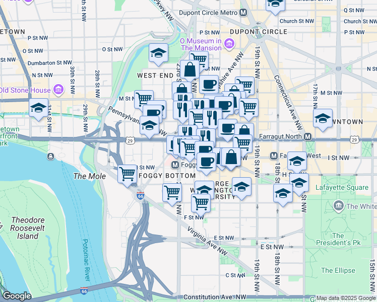 map of restaurants, bars, coffee shops, grocery stores, and more near 2200 Pennsylvania Avenue Northwest in Washington