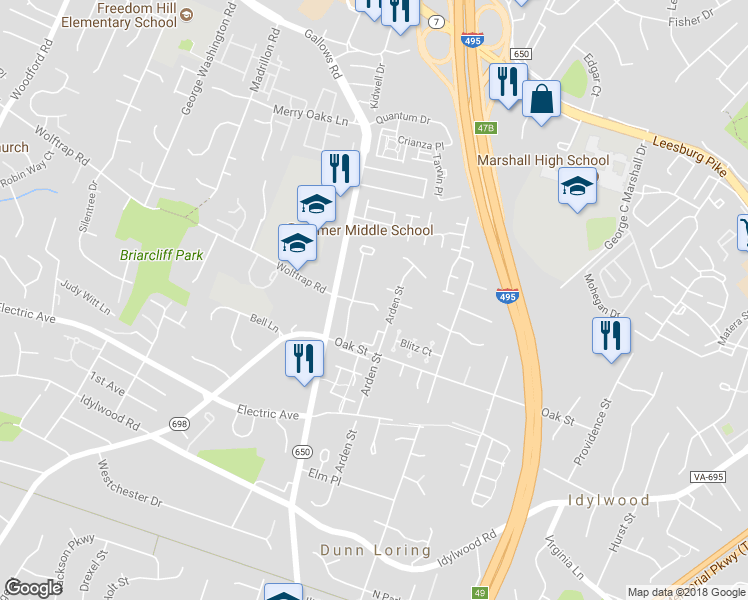 map of restaurants, bars, coffee shops, grocery stores, and more near 8018 Wolftrap Road in Dunn Loring
