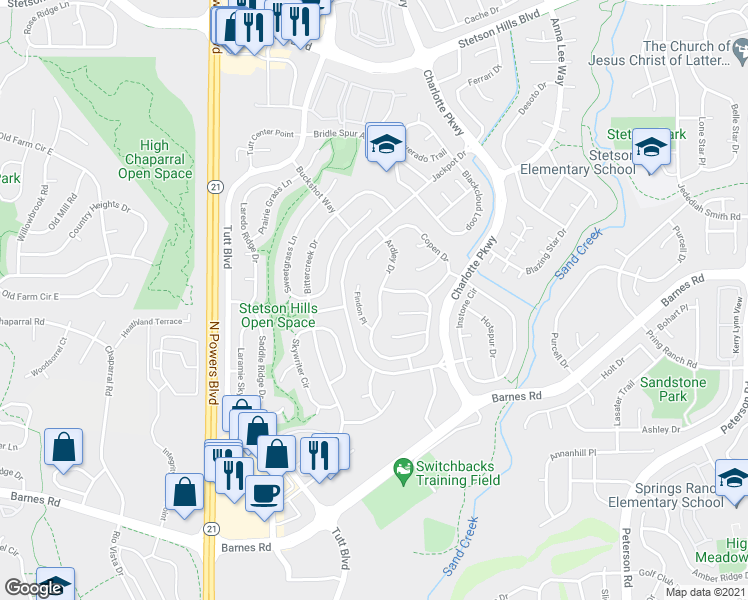 map of restaurants, bars, coffee shops, grocery stores, and more near 4860 Findon Place in Colorado Springs