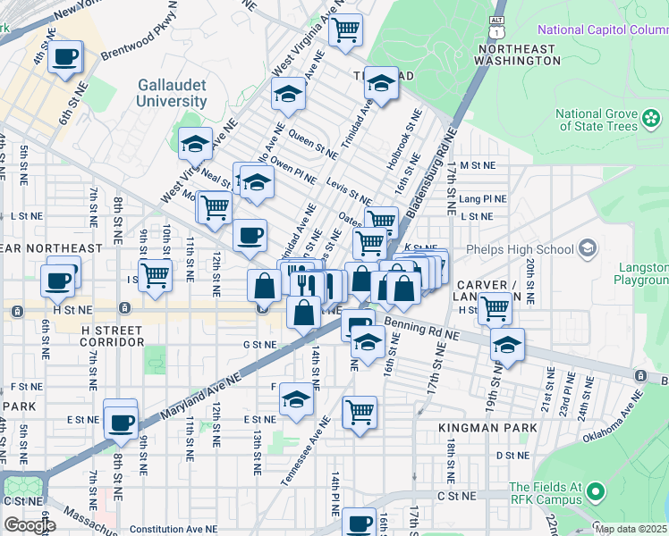 map of restaurants, bars, coffee shops, grocery stores, and more near 101 Independence Avenue Southeast in Washington