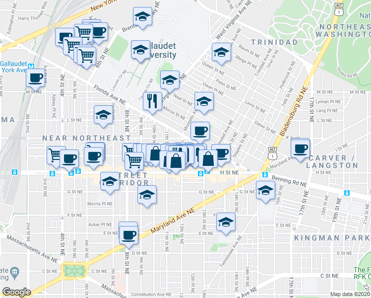 map of restaurants, bars, coffee shops, grocery stores, and more near 101 Independence Avenue Southeast in Washington