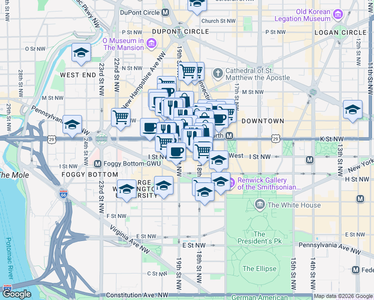 map of restaurants, bars, coffee shops, grocery stores, and more near 101 Independence Avenue Southeast in Washington