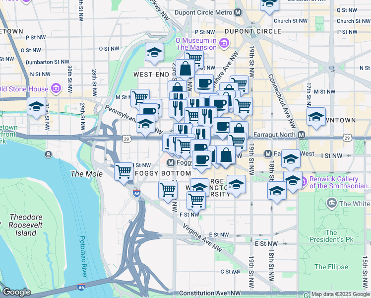 map of restaurants, bars, coffee shops, grocery stores, and more near 101 Independence Avenue Southeast in Washington
