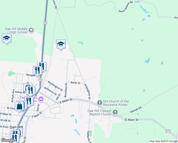 map of restaurants, bars, coffee shops, grocery stores, and more near 220 North Bingham Street in Oak Hill