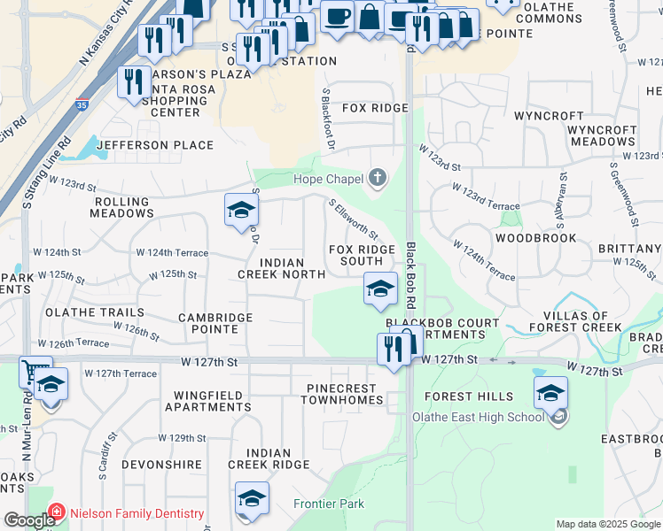 map of restaurants, bars, coffee shops, grocery stores, and more near 12458 South Ortega Drive in Olathe