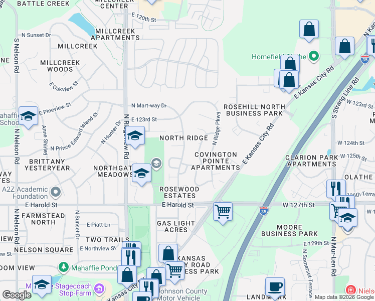 map of restaurants, bars, coffee shops, grocery stores, and more near 1426 East 124th Street in Olathe