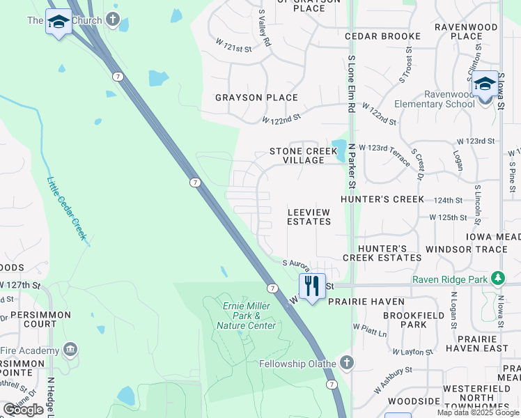 map of restaurants, bars, coffee shops, grocery stores, and more near 22071 West 124th Terrace in Olathe