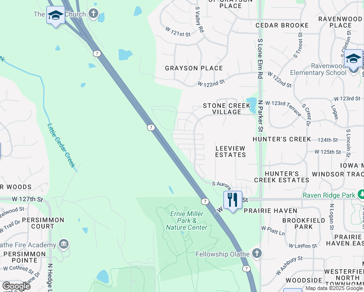 map of restaurants, bars, coffee shops, grocery stores, and more near 22113 West 124th Terrace in Olathe