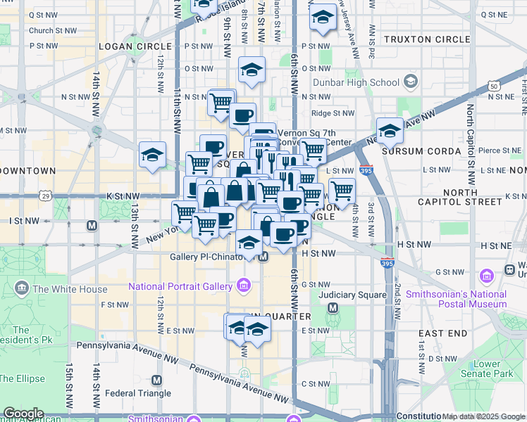 map of restaurants, bars, coffee shops, grocery stores, and more near 650 Massachusetts Avenue Northwest in Washington