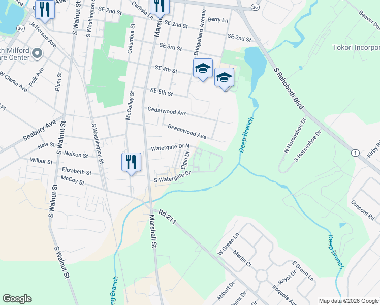 map of restaurants, bars, coffee shops, grocery stores, and more near 640 Beechwood Avenue in Milford