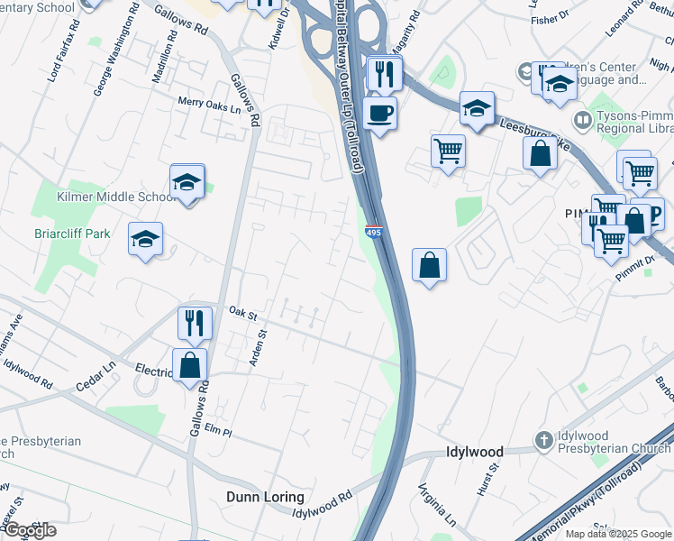 map of restaurants, bars, coffee shops, grocery stores, and more near 2143 Tysons Executive Court in Dunn Loring
