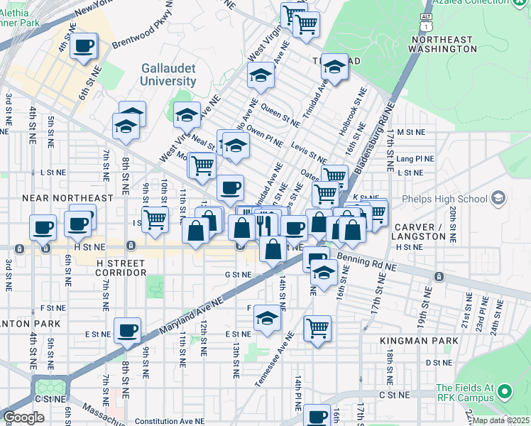 map of restaurants, bars, coffee shops, grocery stores, and more near 101 Independence Avenue Southeast in Washington