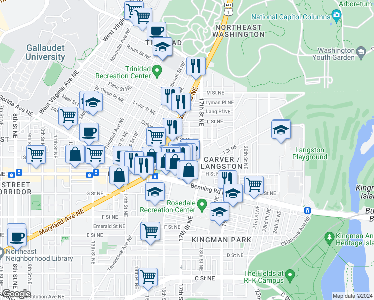 map of restaurants, bars, coffee shops, grocery stores, and more near 101 Independence Avenue Southeast in Washington