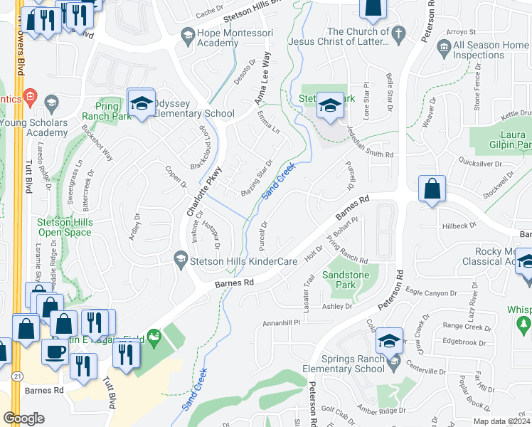 map of restaurants, bars, coffee shops, grocery stores, and more near 4750 Purcell Drive in Colorado Springs