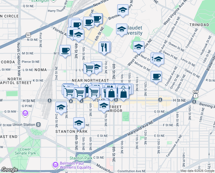 map of restaurants, bars, coffee shops, grocery stores, and more near 101 Independence Avenue Southeast in Washington