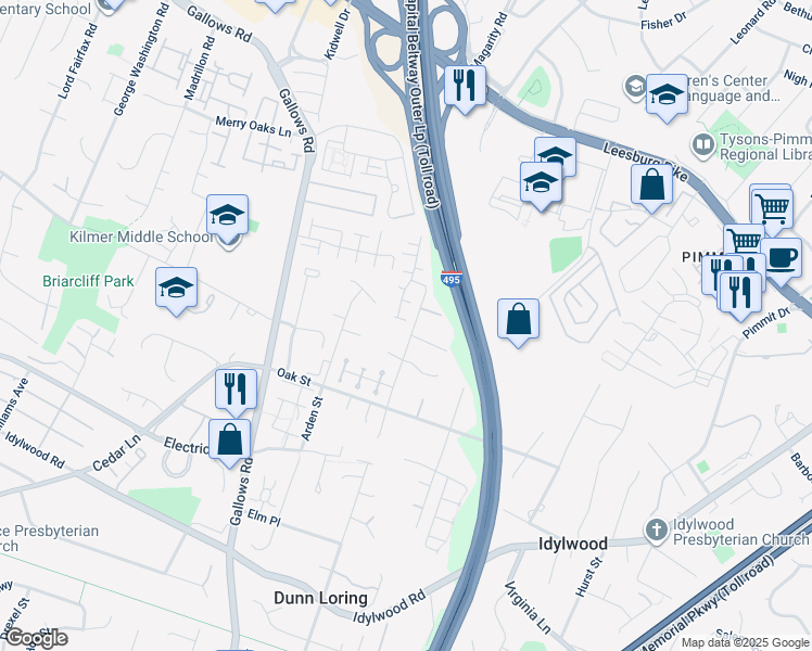 map of restaurants, bars, coffee shops, grocery stores, and more near 2143 Tysons Executive Court in Dunn Loring