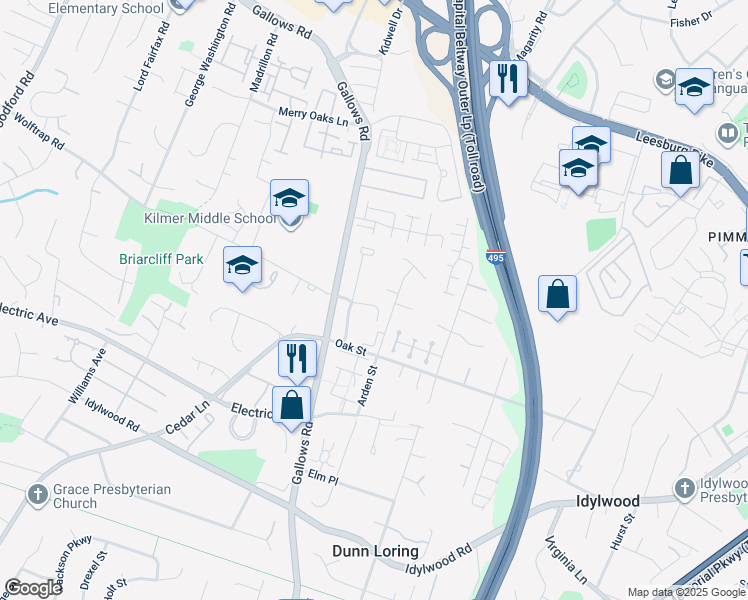 map of restaurants, bars, coffee shops, grocery stores, and more near 8018 Wolftrap Road in Dunn Loring