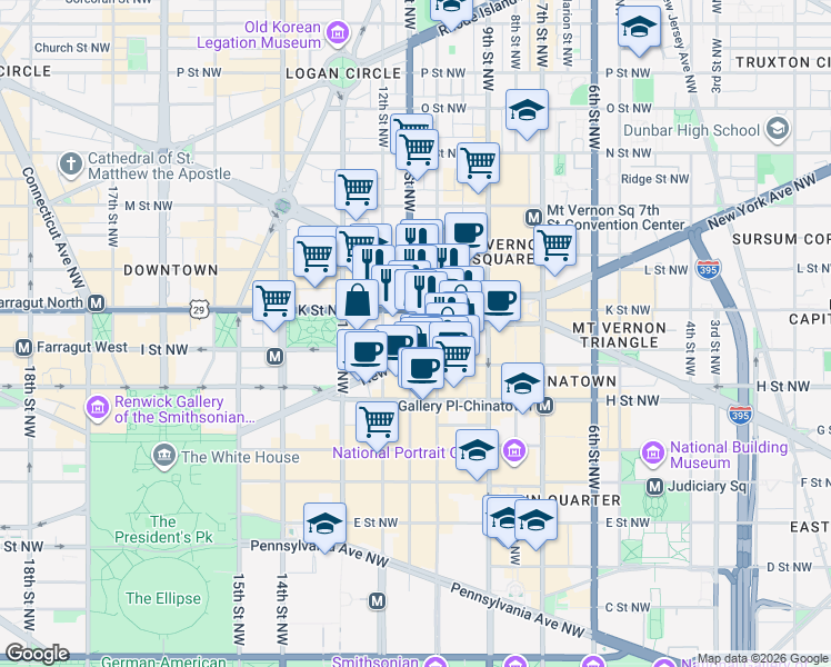map of restaurants, bars, coffee shops, grocery stores, and more near New York Avenue in Washington