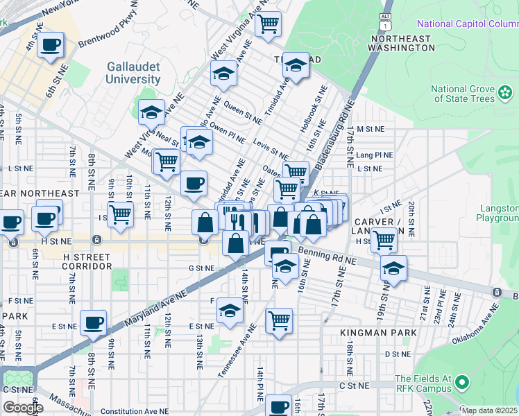 map of restaurants, bars, coffee shops, grocery stores, and more near 1204 Holbrook Street Northeast in Washington