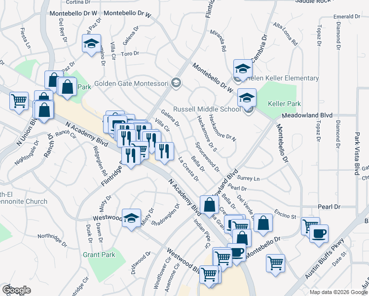 map of restaurants, bars, coffee shops, grocery stores, and more near 4903 Galena Drive in Colorado Springs