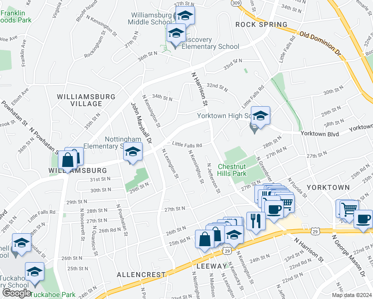map of restaurants, bars, coffee shops, grocery stores, and more near 5700 Little Falls Road in Arlington