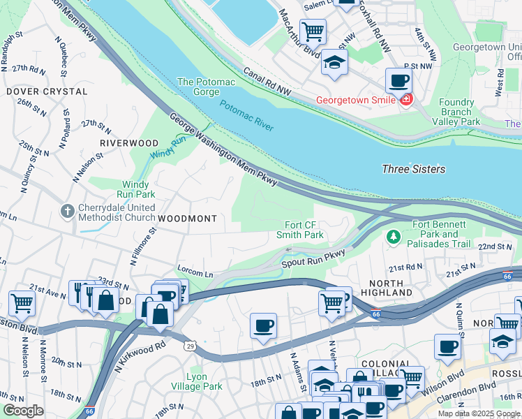 map of restaurants, bars, coffee shops, grocery stores, and more near 2411 24th Street North in Arlington