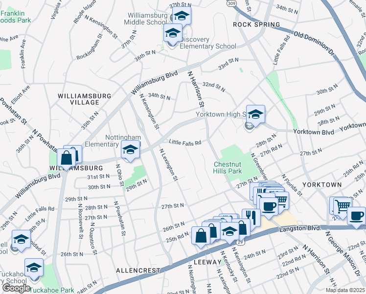 map of restaurants, bars, coffee shops, grocery stores, and more near 5700 Little Falls Road in Arlington